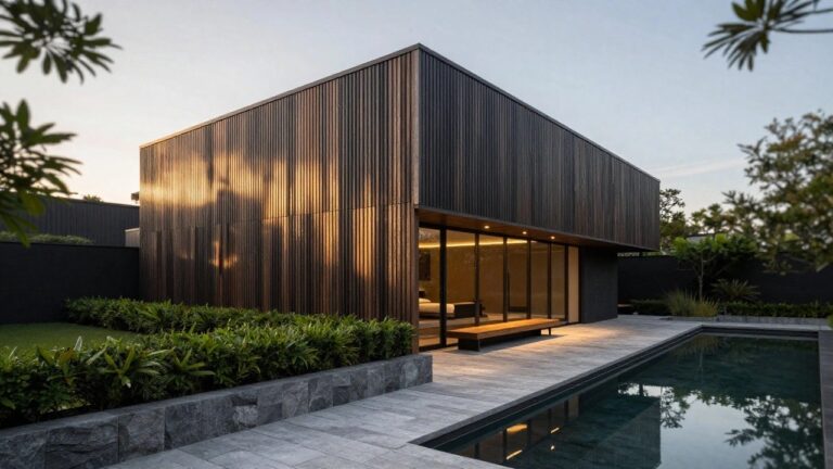 Modern cubic two-story house with dark vertical timber cladding, large corner glass windows and walls, a cantilevered wooden deck above a rectangular pool edged in gray stone tiles, surrounded by green hedges and lawn.