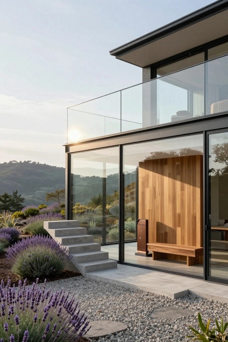 Modern house exterior with extensive floor-to-ceiling glass walls, black metal frames, vertical wooden panel wall, built-in bench, concrete steps, lavender plants, gravel path, and hillside landscape in the background.