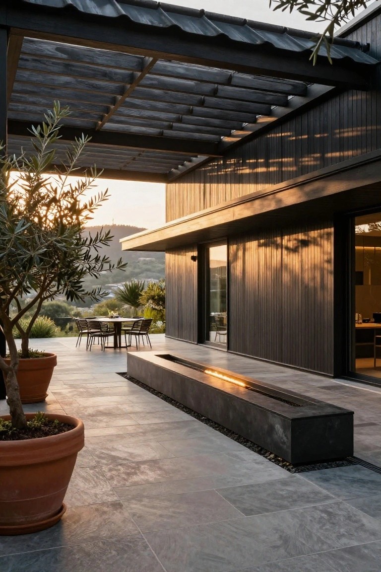 Outdoor terrace with dark wood-clad house wall, linear gas fire trough, potted olive trees, table with chairs, pergola roof, and hillside view at sunset.