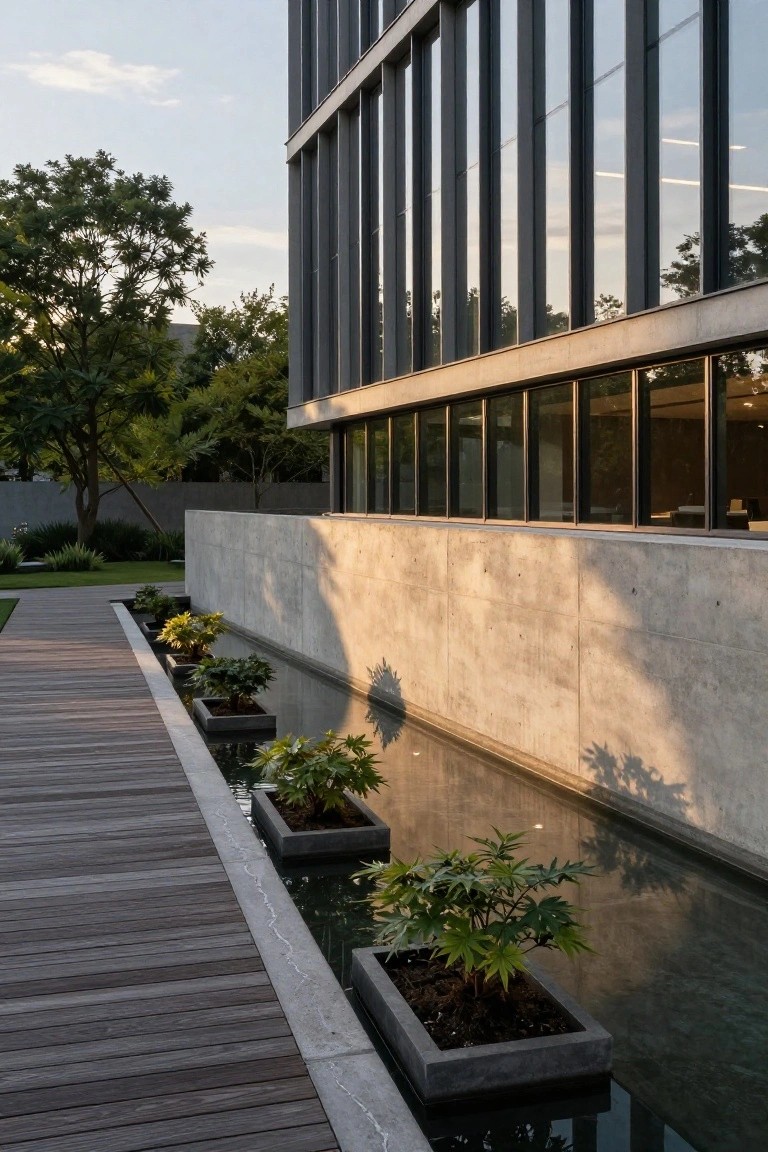 Tall modern building with concrete walls and large glass windows beside a wooden walkway parallel to a narrow rectangular pool containing several black square planters with green leafy plants.