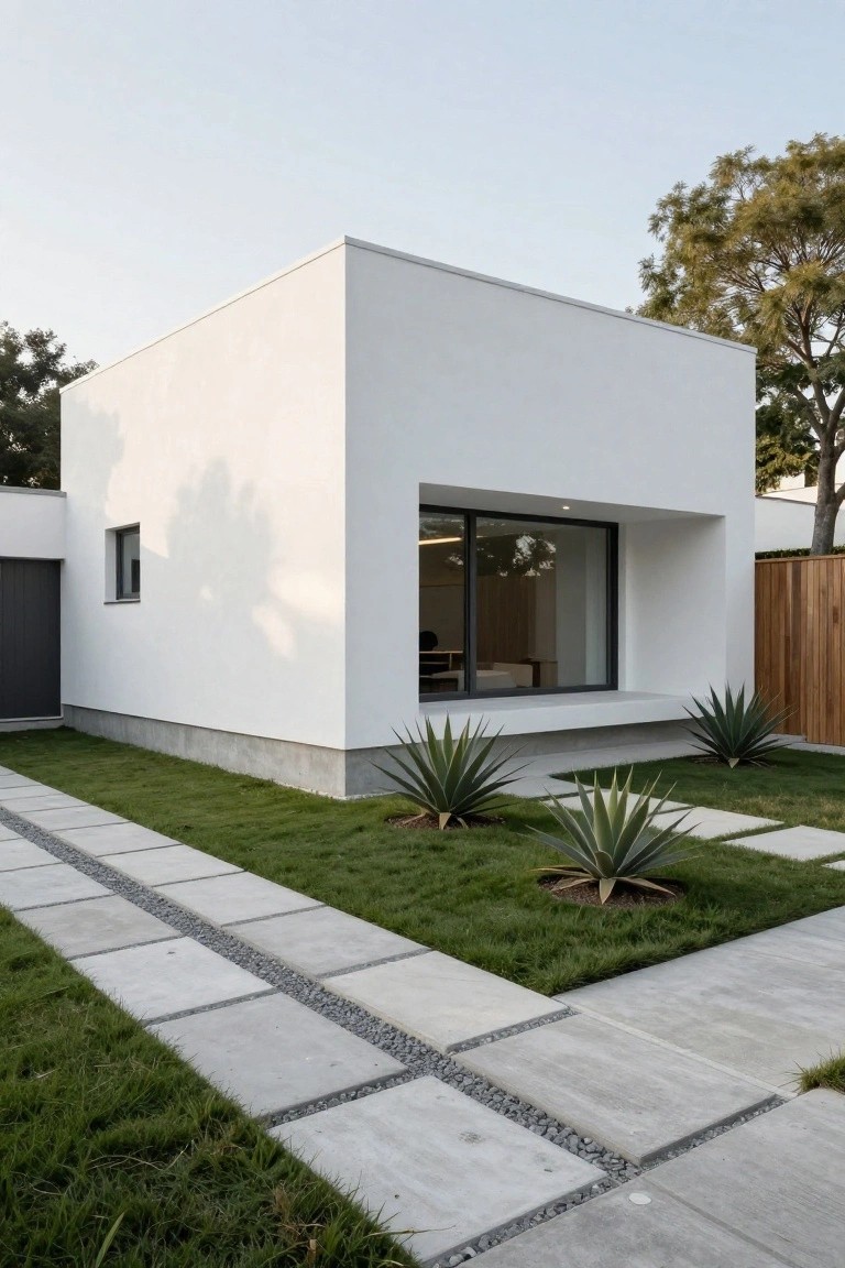 White cubic modern house with smooth stucco walls, large recessed horizontal window, dark garage door, stone paver pathway with gravel edges, agave plants, and grass lawn.