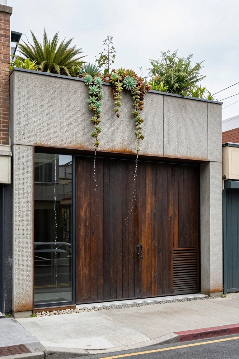 Gray textured concrete house exterior with a large vertical wooden garage door, glass panel beside it, rooftop garden of succulents and plants cascading down the side, and pebble ground cover in front.