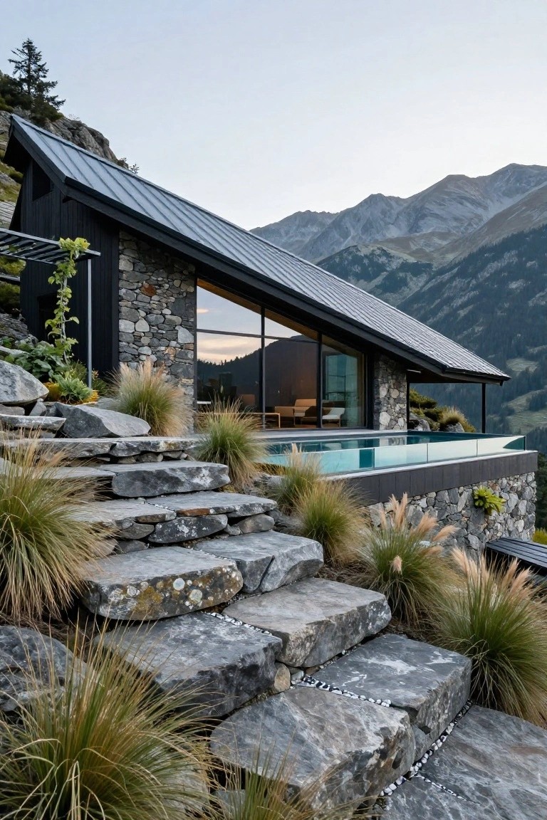 Modern house on rocky mountainside with stone lower walls, black sloped metal roof, large glass wall, infinity edge pool, stone steps, and grasses.
