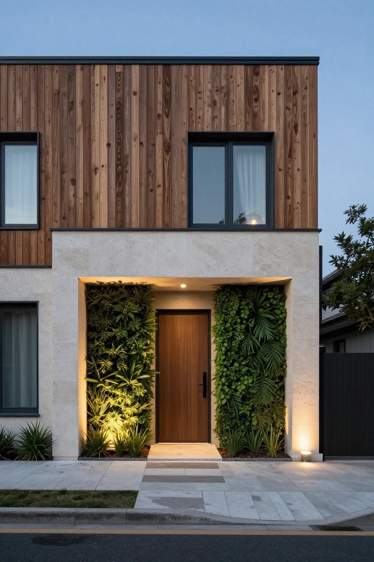 Contemporary house exterior at dusk with vertical cedar wood cladding on the left side, a beige stone entry portal featuring dense vertical green plant walls on both sides of a dark wooden door, uplighting on plants and pathway, and a neighboring fence.