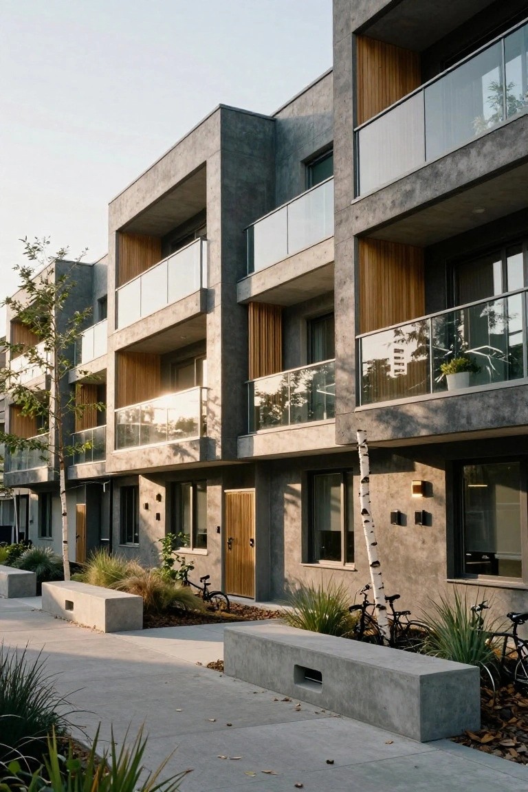 Multi-story modern apartment building with gray concrete facade, vertical wooden panels on balconies, glass railings, ground-level concrete benches, grasses, bicycles, and a birch tree.
