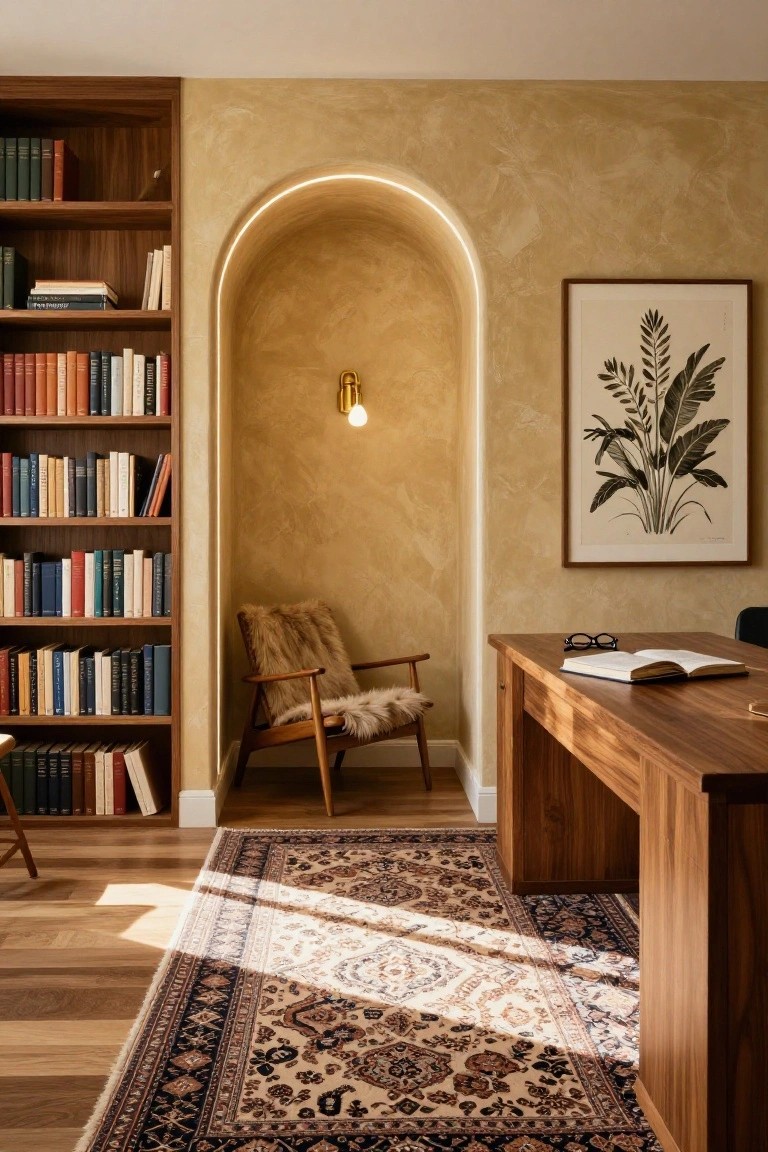 Home office interior with tall wooden bookshelves flanking a textured yellow arched wall recess containing a plush chair and wall sconce, beside a wooden desk with open book and glasses on a Persian rug over wood floors.