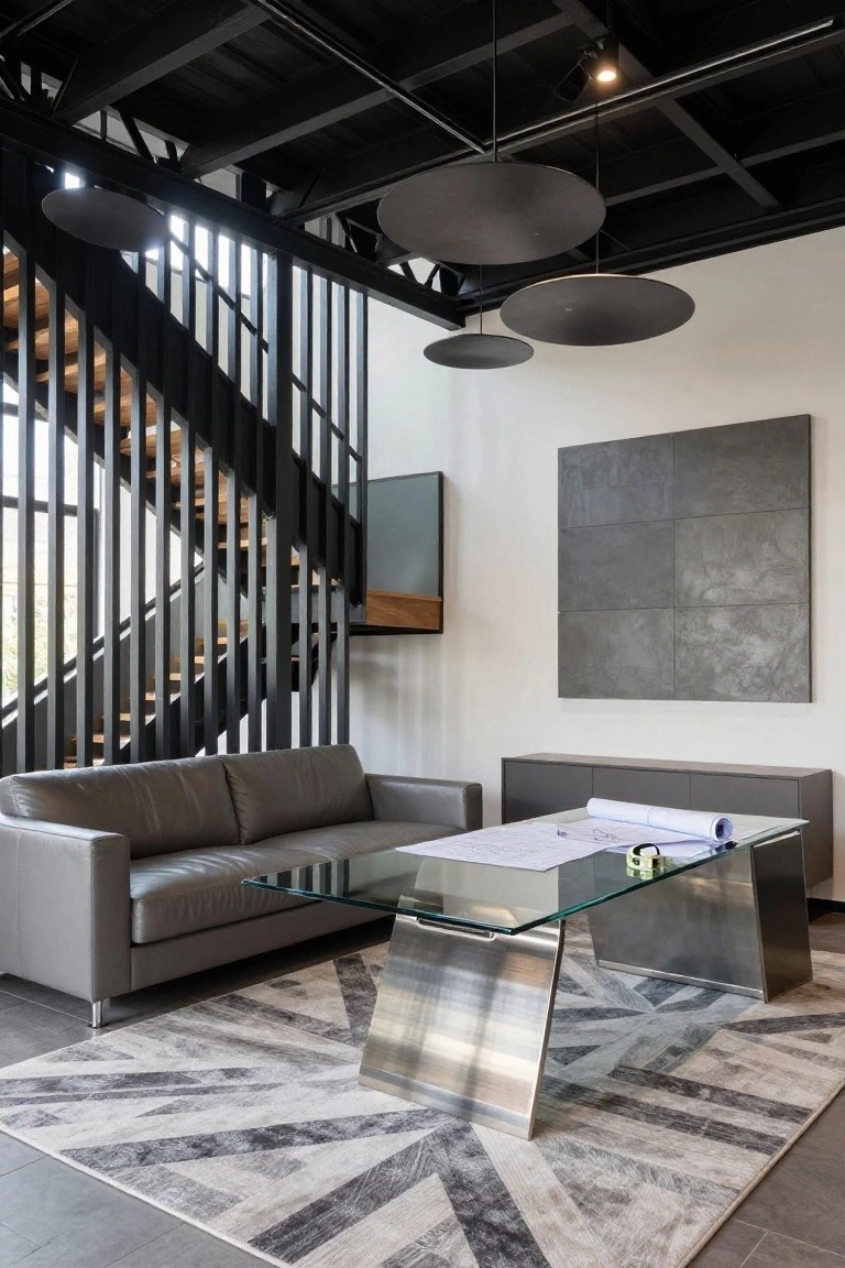 Modern office lounge interior with prominent black metal staircase, gray leather sofa, glass-top stainless steel coffee table with blueprints, gray cabinet, abstract tiled wall art, and hanging disk pendants.