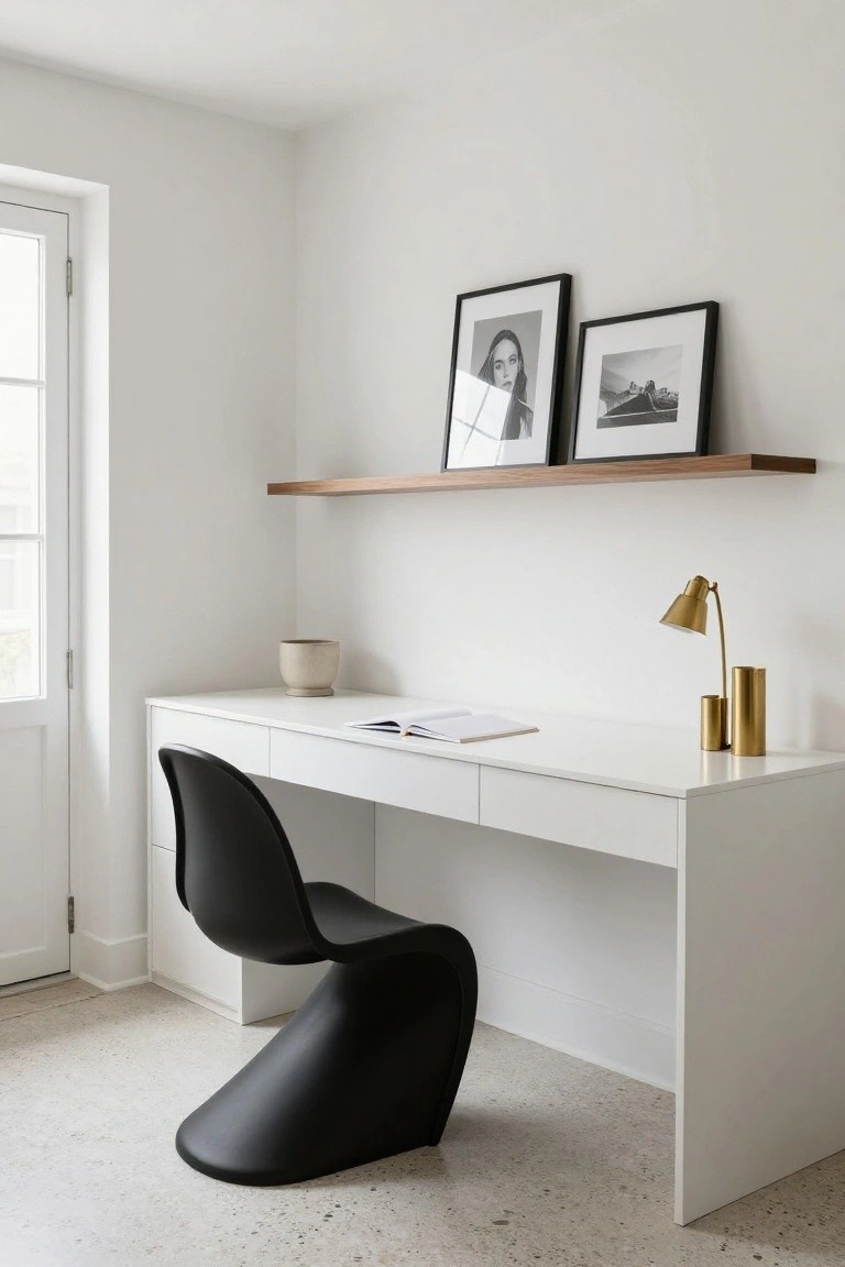A minimalist white desk with drawers and open notebook in a white-walled room, black wavy molded plastic chair underneath, gold desk lamp and vase, beige ceramic pot, wooden shelf holding two black-framed photos of a woman and landscape, white door, and terrazzo floor.