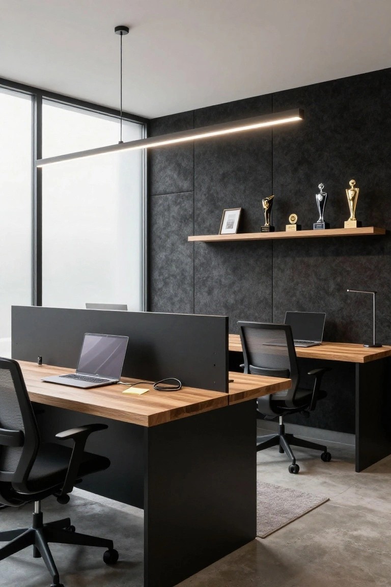 Modern office interior featuring two wooden desks with laptops separated by a black partition, black textured walls with wooden shelves holding trophies and awards, large frosted windows, pendant lights, and ergonomic black chairs.
