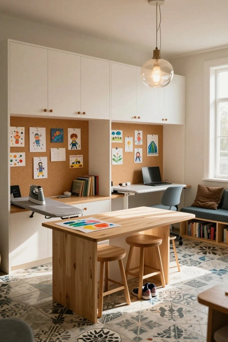 Modern indoor room with white built-in cabinets, corkboards displaying children's artwork, a central wooden table with two stools, a wall-mounted desk with laptop, fold-down ironing board, blue chair, bookshelves, and patterned tile floor.