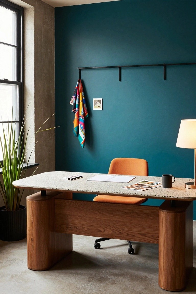 Modern home office with teal walls, large wooden pedestal desk topped with terrazzo and papers, orange chair, black mug, desk lamp, potted plant, and colorful scarf on wall rack.