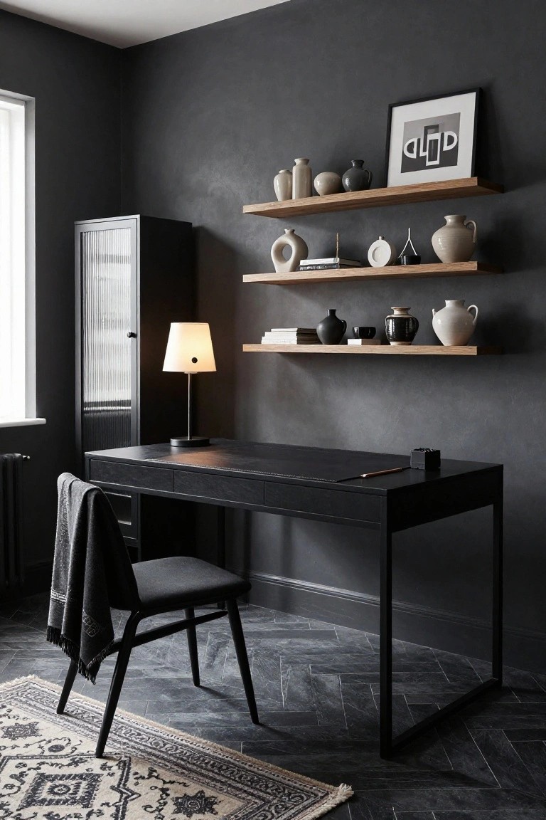 A moody home office with dark gray textured walls, floating oak shelves displaying assorted ceramic vases and pots, black leather-top desk on metal legs, upholstered chair with gray throw, white lamp, and herringbone dark floor with patterned rug.