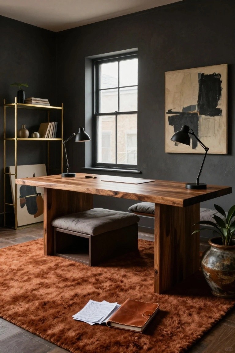 A modern home office with dark gray textured walls, large rectangular wooden desk with integrated cushioned benches, gold metal shelving holding books and plants, two black desk lamps, abstract tan and black paintings, potted plants, and shaggy orange rug on wood flooring.