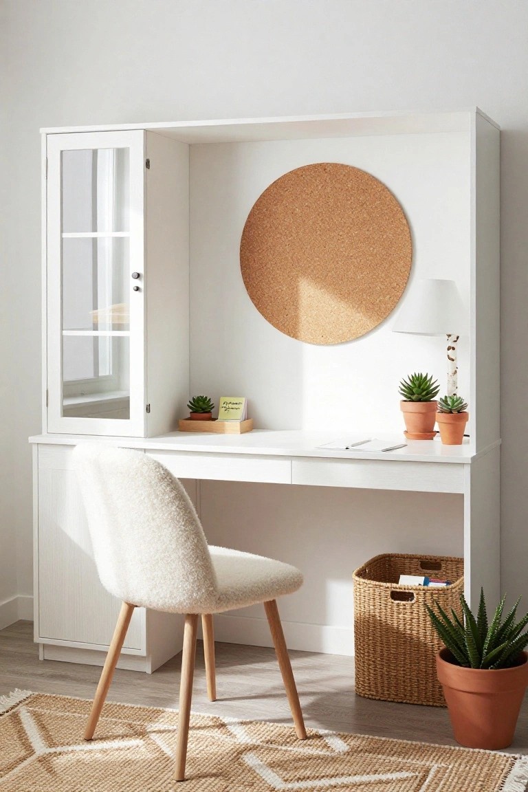 White desk with tall hutch featuring glass-fronted cabinets, open upper shelf with corkboard, paired with cream upholstered chair and potted plants on wood floor.