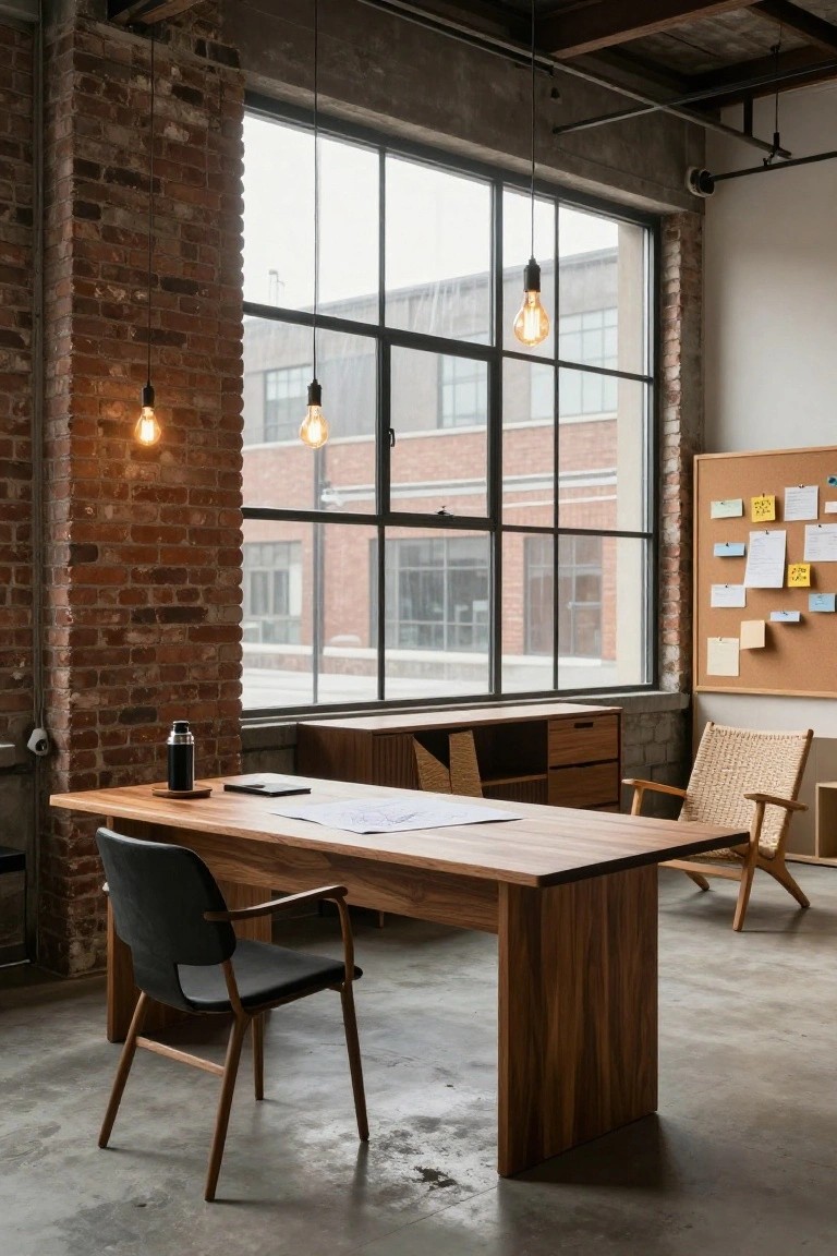 Modern home office interior with exposed red brick walls, polished concrete floor, large rectangular wooden desk, black leather swivel chair, rattan armchair, wooden credenza, cork bulletin board with notes, stainless steel thermos, and large metal-framed windows with hanging Edison bulb lights.