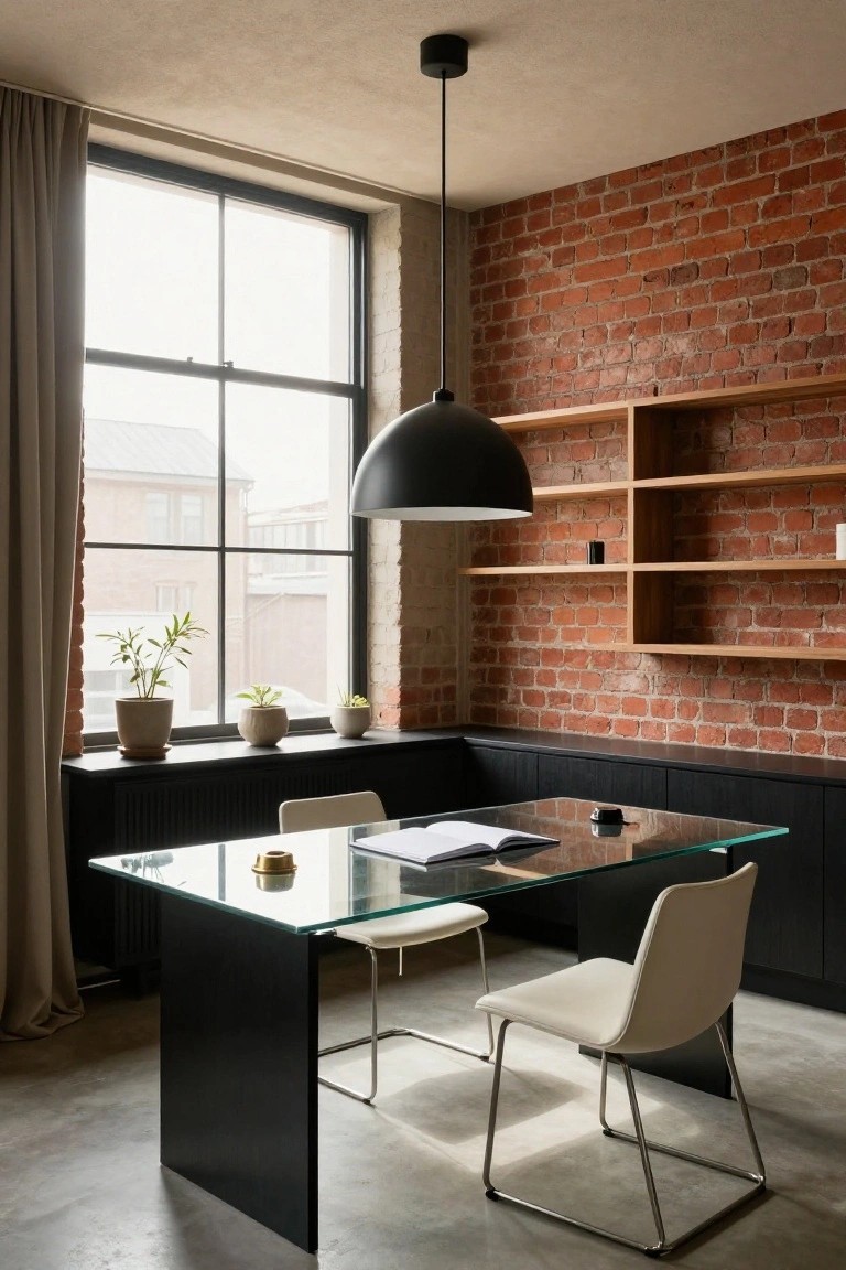 Modern home office with exposed red brick accent wall, oak floating shelves, black cabinets, glass desk on black legs, two white upholstered chairs, potted plants on windowsill, and black pendant light overhead.
