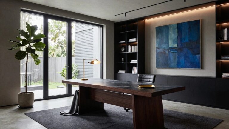 Modern home office with black floor-to-ceiling built-in shelving and cabinets on one wall, walnut desk, black molded plastic chair, abstract blue painting, books, gold lamp, potted plant, and window with sheer blinds.
