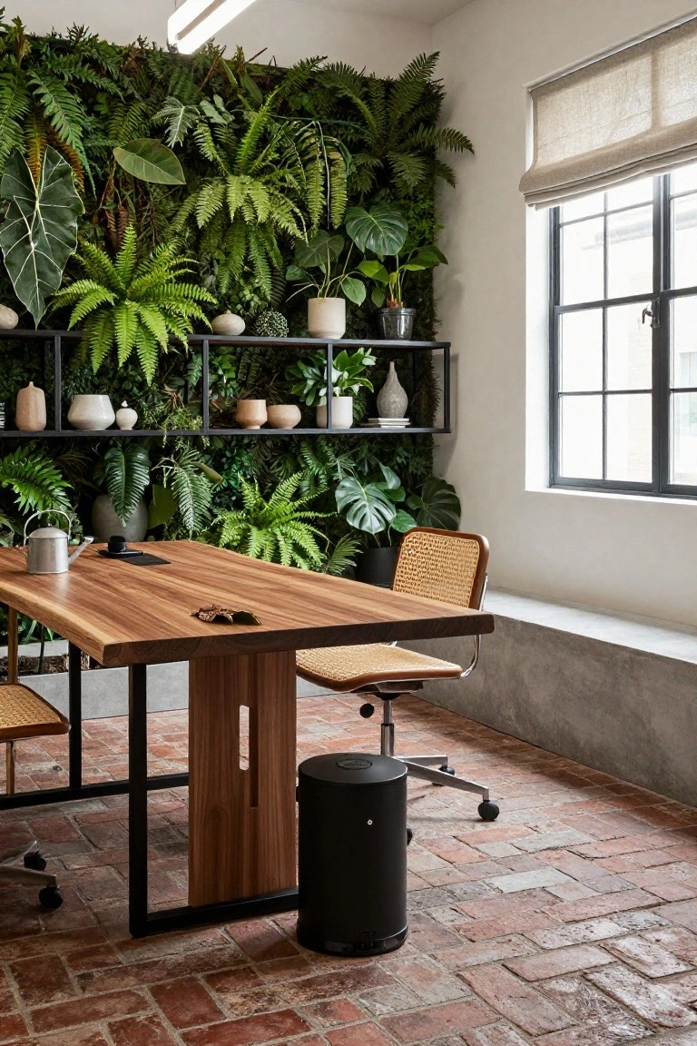 Modern office interior with a tall lush green plant wall on one side, wooden live-edge table, rattan and wheeled chairs, black metal shelves with pots, large window with blinds, and brick floor.