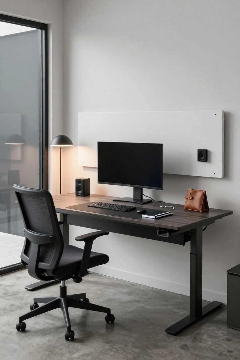 A minimalist home office interior with a black metal height-adjustable desk topped in light wood, black mesh office chair, computer monitor, keyboard, desk lamp, and large window.