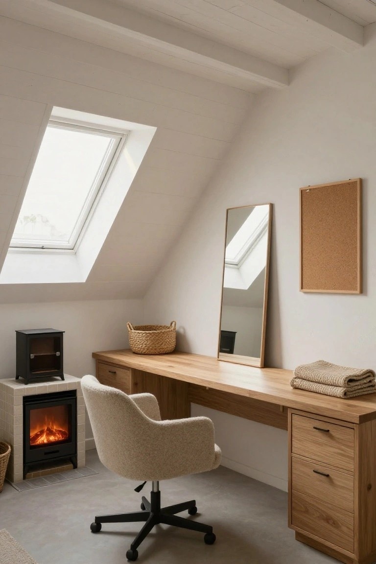 Attic home office with white sloped ceilings, skylight, long wooden desk with drawers, cream upholstered swivel chair, small black electric fireplace on tiled base, and neutral accessories like a basket and corkboard.