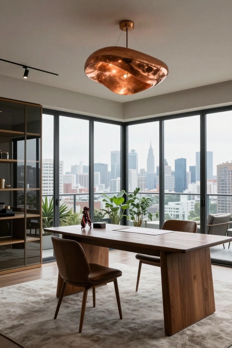 Corner home office with large rectangular wooden desk, two tan leather chairs, copper blob-shaped pendant light, glass-fronted bookshelf, potted plants, and city skyline view through floor-to-ceiling windows.