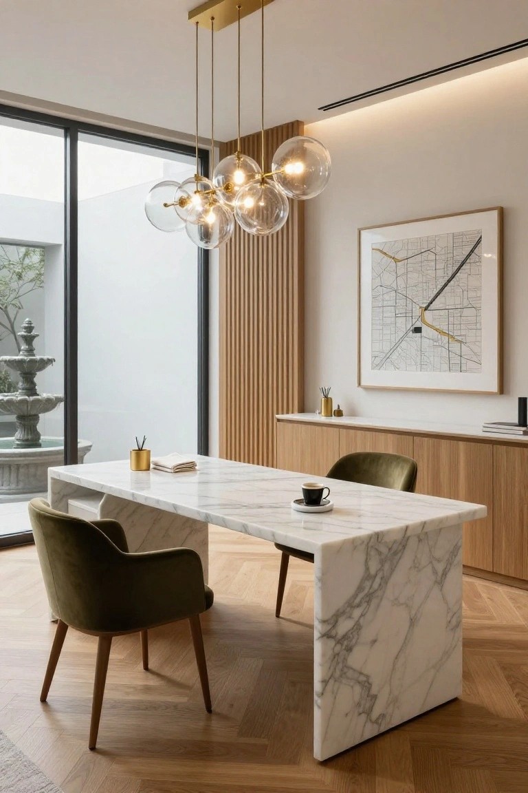 Modern home office interior with cantilevered white marble desk extending from wooden cabinets, two green velvet armchairs, gold pendant light with glass globes, wood slat wall, and large window view to outdoor fountain.
