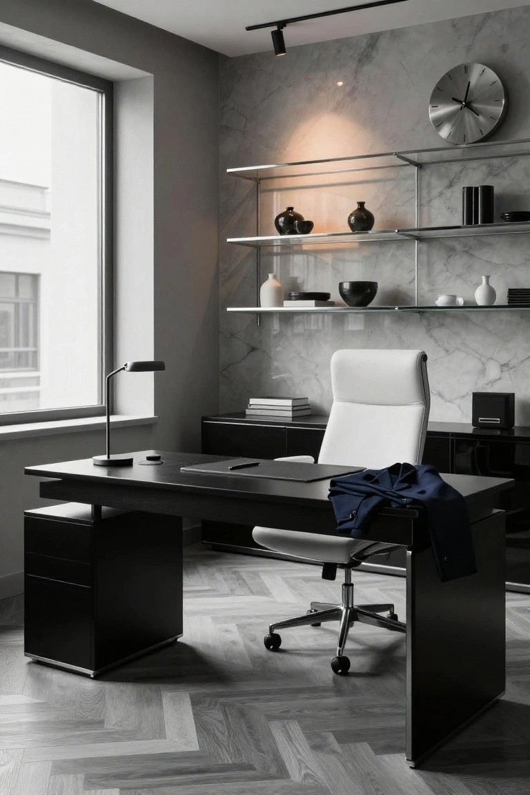 Modern home office interior featuring light grey marble walls, open glass shelving with ceramics, black desk with white leather chair, desk lamp, and herringbone-patterned wood flooring.