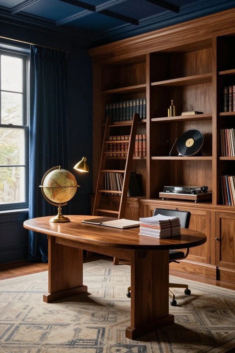 Home office featuring navy blue walls and ceiling, extensive walnut wood built-in bookshelves with rolling ladder, oval wooden desk with papers and books, brass globe lamp, turntable, and window with blue curtains.