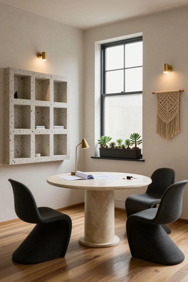 Corner of a modern office with white terrazzo shelving on wall, round travertine pedestal table with papers and lamp, four black curved upholstered chairs, window with succulents and beige macrame hanging, brass wall lights, oak wood floor.