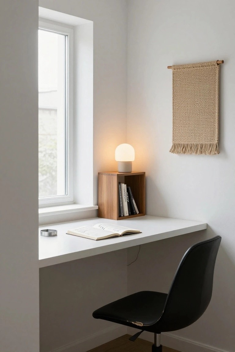 Corner of a minimalist home office with a white floating desk holding an open book and metal dish, adjacent wooden shelf unit with books and beige lamp on concrete base, black swivel chair, beige woven wall hanging, and window with sheer daylight.