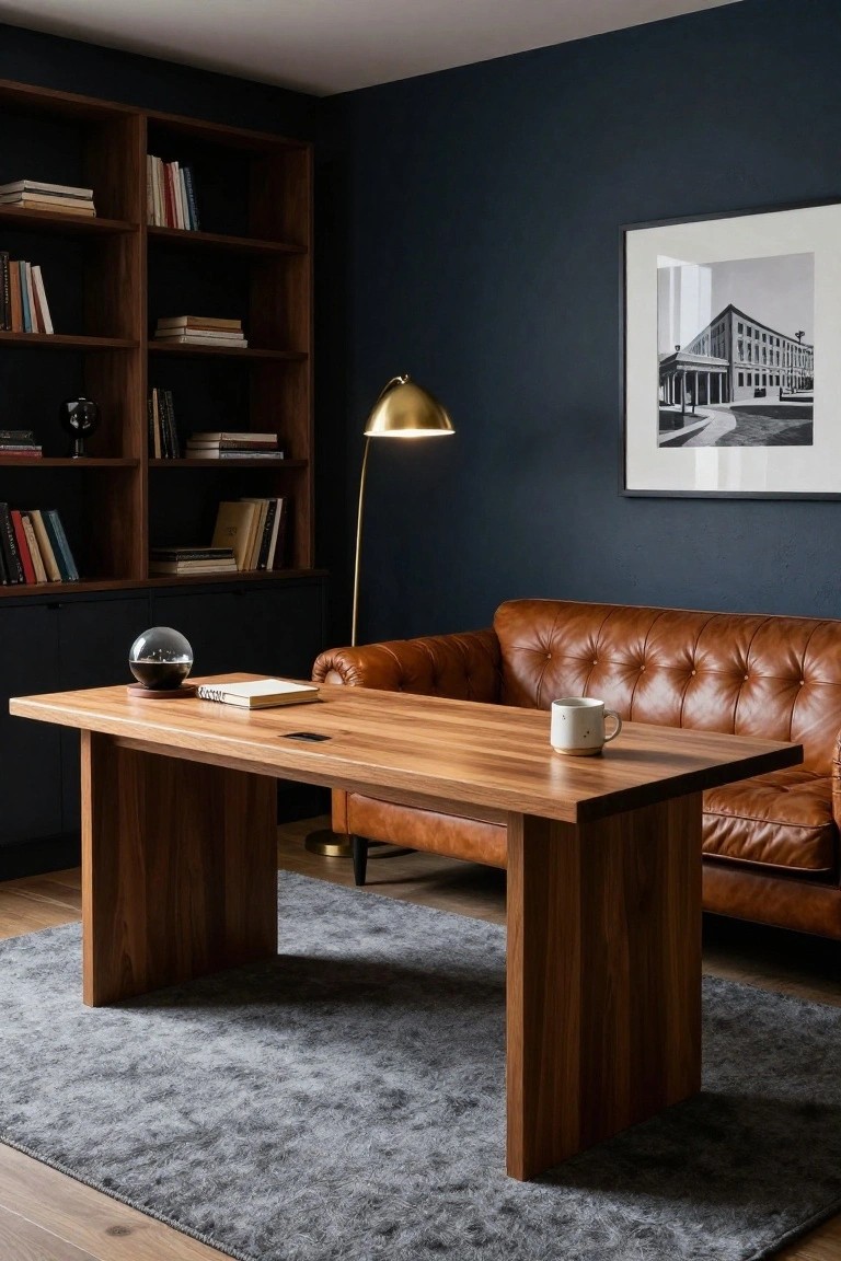 A modern home office with dark navy walls, wooden bookshelves stocked with books, a rectangular walnut desk topped with a glass orb, notebook, and white mug, tan leather tufted sofa, gold arched floor lamp, and gray rug.