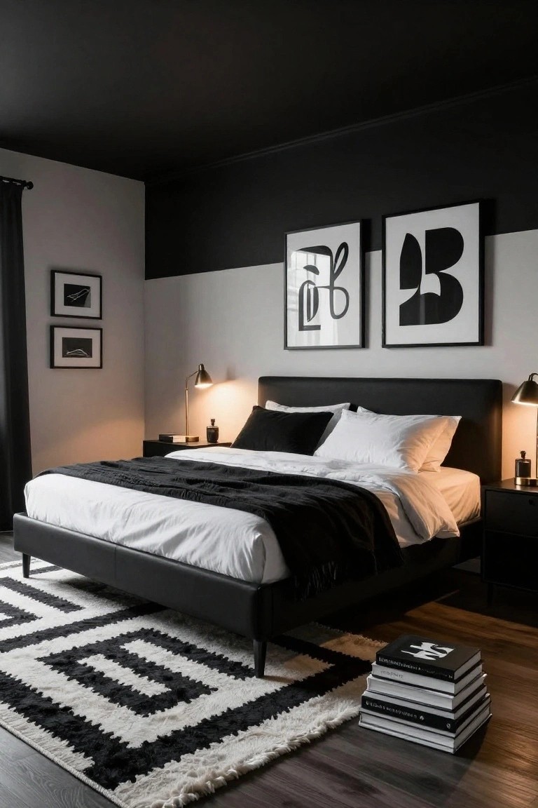 A bedroom with black ceiling and light gray lower walls, black leather bed with white sheets and black pillows, black nightstands with lamps and decor, black and white abstract wall art, geometric black and white rug, and stacked books on the floor.