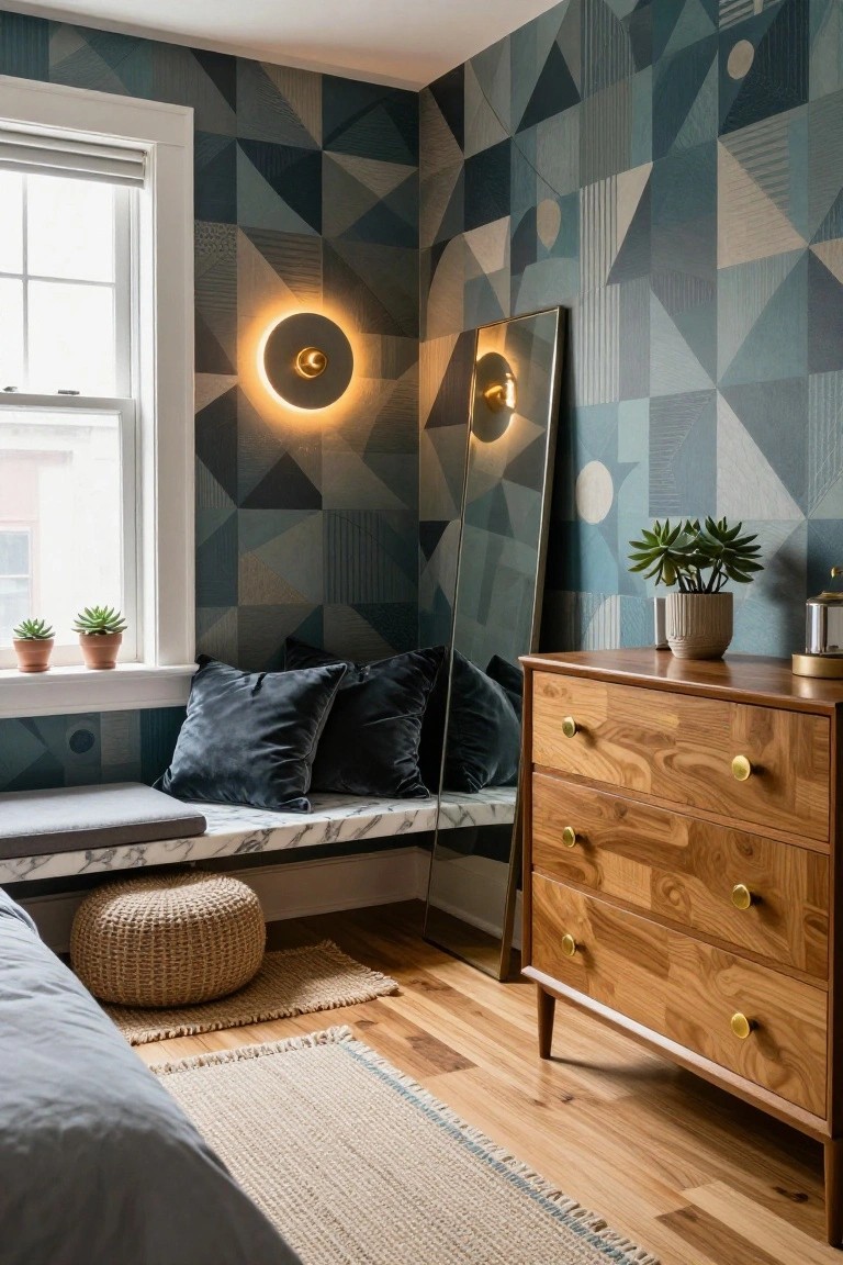 Bedroom corner with teal geometric patterned wallpaper on walls, wooden mid-century dresser with brass knobs, gray banquette topped with black velvet pillows, potted succulents on windowsill, full-length mirror, and round wall sconce.