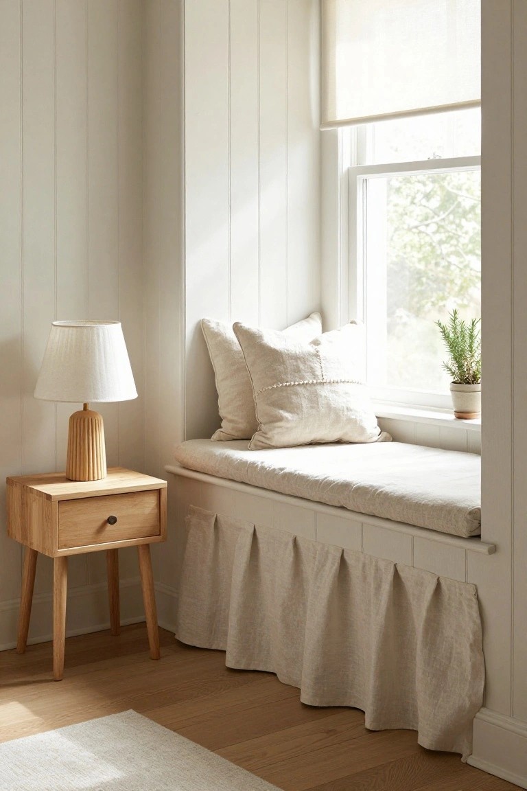 White paneled room with a cushioned window bench seat covered in beige pillows and linen skirt, wooden side table with lamp, and potted rosemary plant on the windowsill.