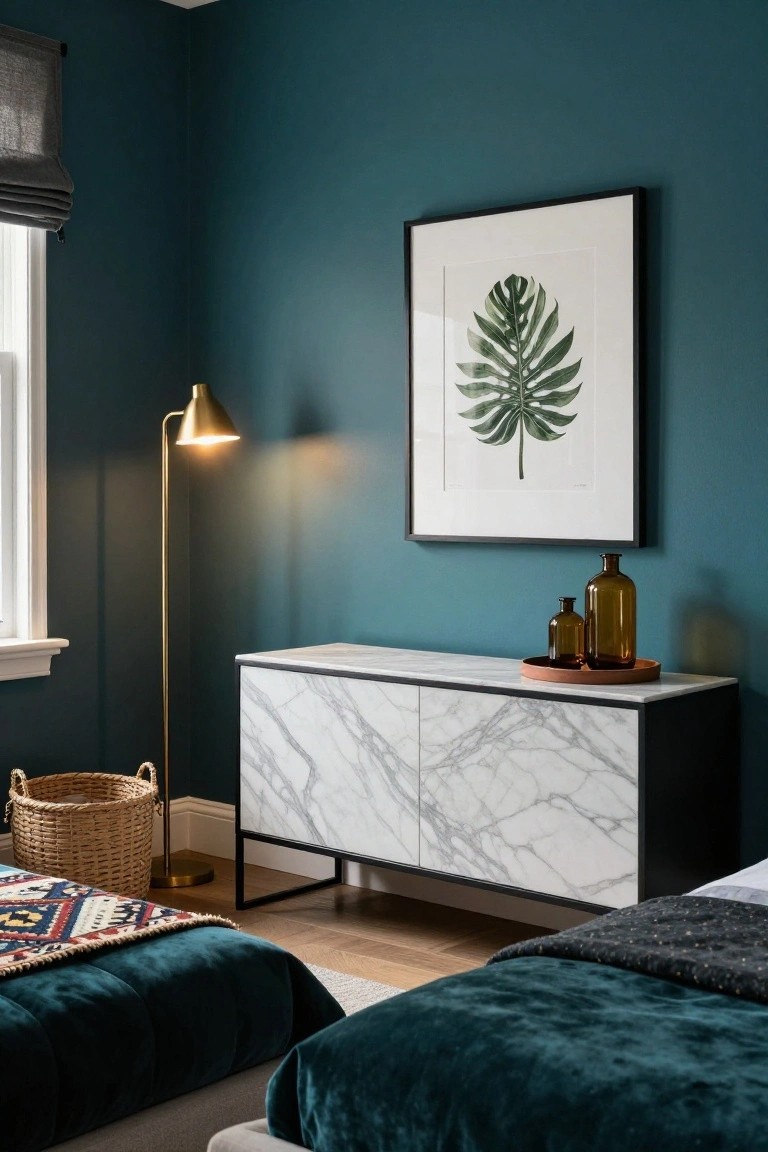 Corner of a bedroom with teal walls, black-framed credenza topped with white marble holding amber glass bottles on a wooden tray, gold arched floor lamp, framed white monstera leaf print, wicker basket, and two emerald velvet beds on light wood floor.