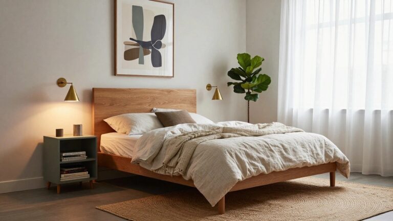 Bright bedroom with low oak wood bed frame draped in white linens, fiddle leaf fig plant by sheer-curtained window, brass wall sconce, abstract print on wall, green nightstand holding lamp and books, stacked books on floor, round jute rug on light hardwood floors.