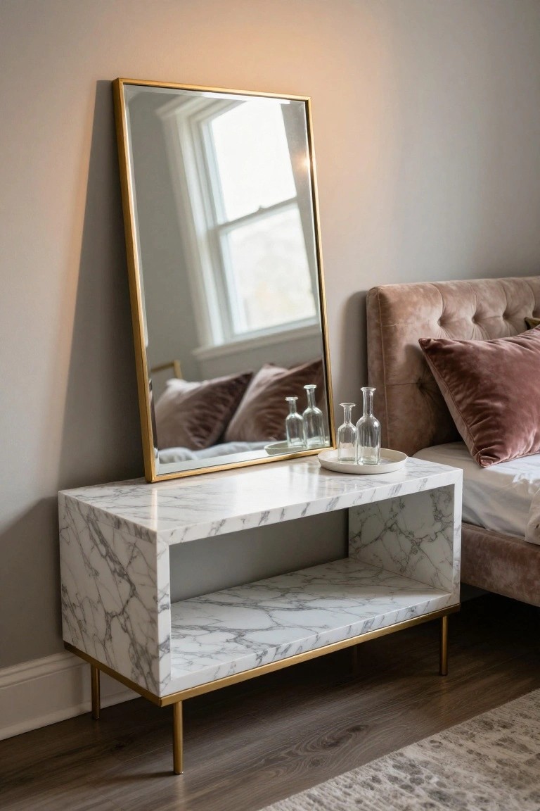 Bedroom corner with tall leaning gold-framed mirror next to open marble-patterned nightstand on gold legs, beside mauve velvet bed with pillows and white sheets.