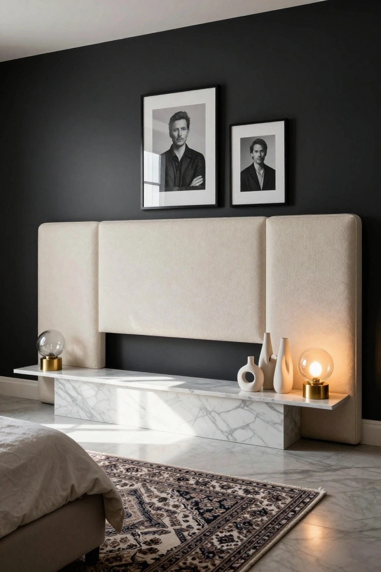Bedroom with tall beige upholstered headboard divided into three panels, white marble shelf protruding from center holding two gold-based glass lamps and white ceramic vases, two framed black-and-white photos of a man on dark wall above, bed with beige linens, patterned rug on marble floor.