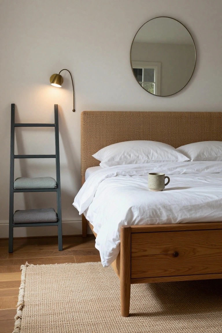 Bedroom interior featuring a low wooden bed with white linens and a ceramic mug on top, rattan headboard, black ladder shelf with gray folded fabrics beside it, gold wall sconce, round brass mirror, and beige rug on hardwood floor.
