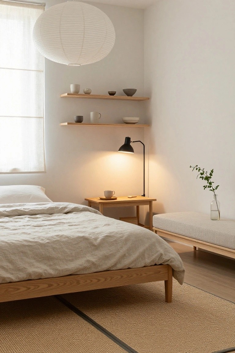 Minimalist bedroom with light wooden platform bed draped in white linen bedding, wooden shelves holding ceramic pottery, bedside wooden table with black desk lamp and teacup, wooden bench with glass vase of greenery, sheer window curtains, and white paper lantern overhead on light wood floor with seagrass rug.