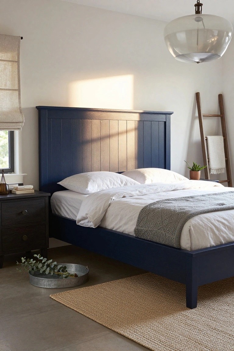 Bedroom interior featuring a navy blue wooden platform bed with white bedding, flanked by a dark wood nightstand and a ladder shelf with towels, eucalyptus in a metal tray on the floor, neutral rug, and large glass pendant light overhead.