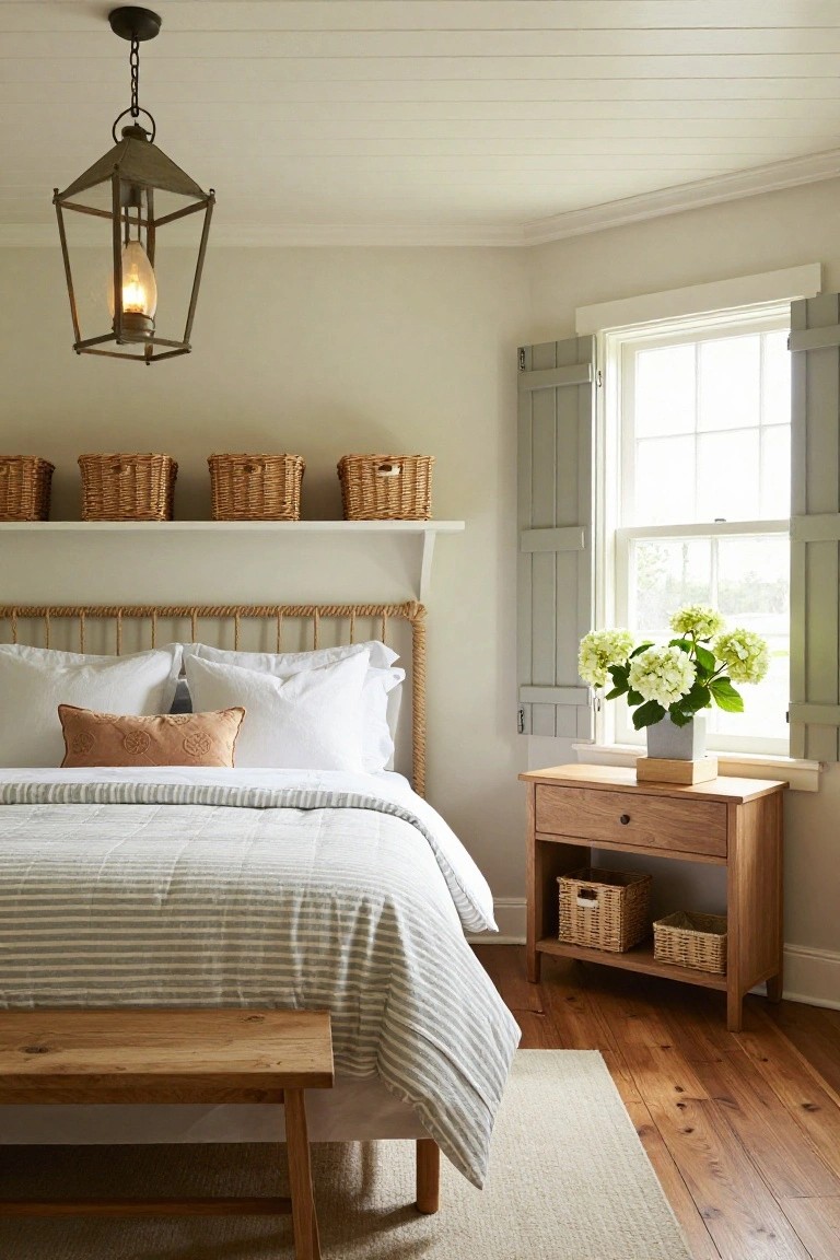 Bedroom corner with beige rope-wrapped headboard, white pillows and striped duvet on bed, wooden nightstand holding white hydrangea bouquet in gray pot and wicker basket, wooden bench at bed foot, wicker shelves above, louvered shutters on window, and metal lantern pendant light hanging from ceiling.