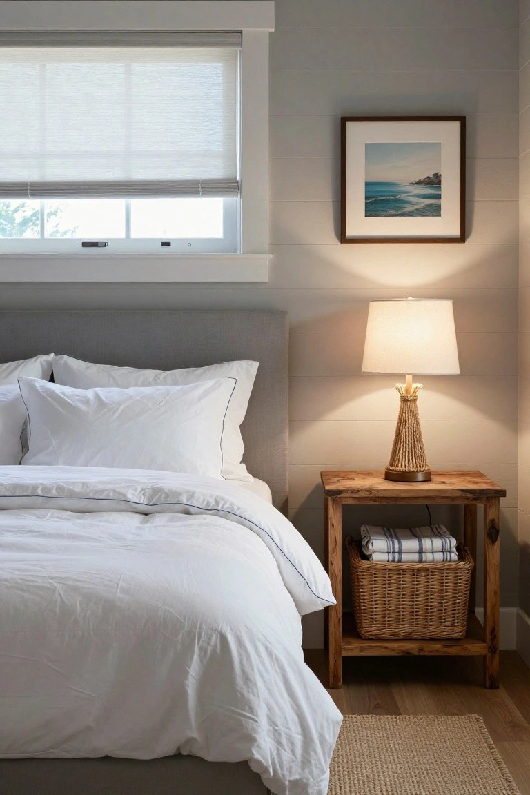 Gray upholstered bed headboard with white pillows and duvet beside a rustic wooden nightstand topped with a rope-wrapped table lamp and holding a wicker basket of folded linens, in a room with shiplap walls, sheer window shades, and a framed ocean photo.