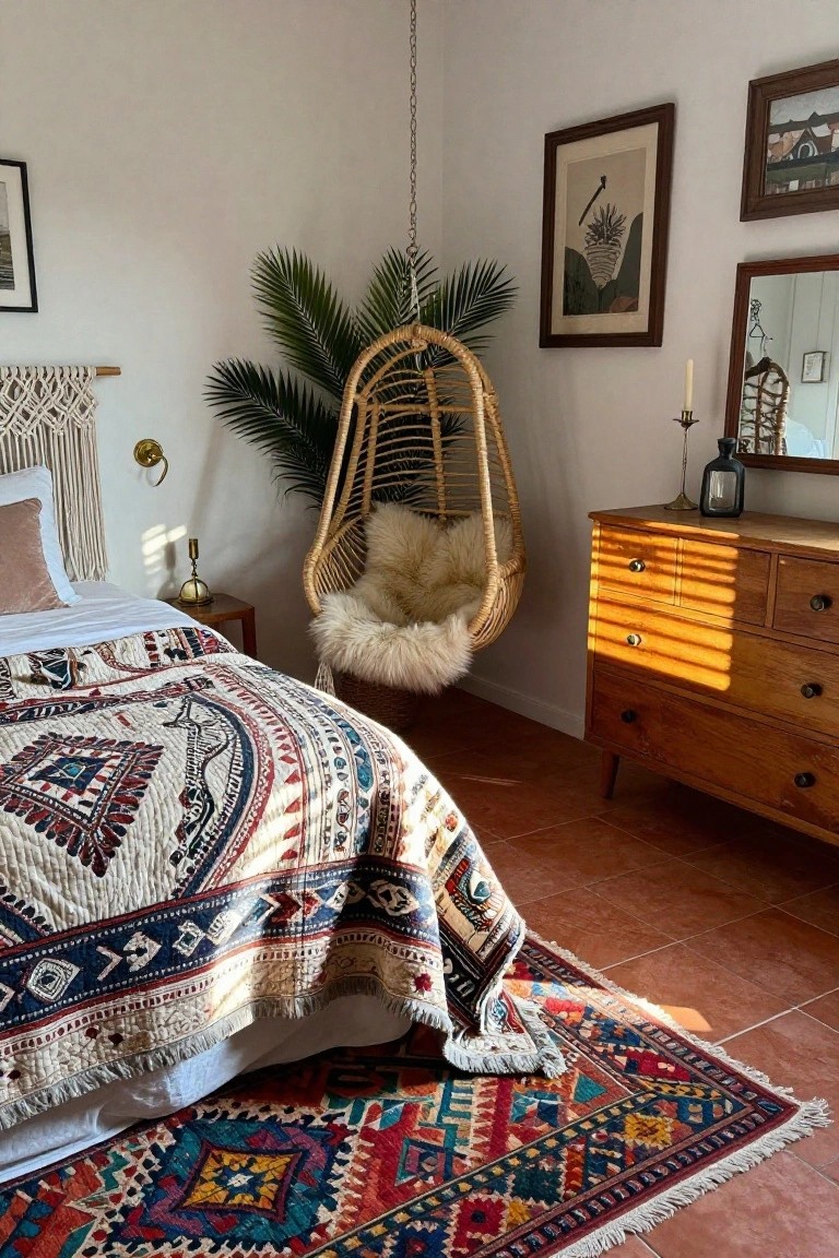 Bedroom corner with rattan hanging swing chair containing white sheepskin cushion next to potted palm plant, bed with multicolored patterned quilt, wooden mid-century dresser, and colorful patterned rug on terracotta tile floor.