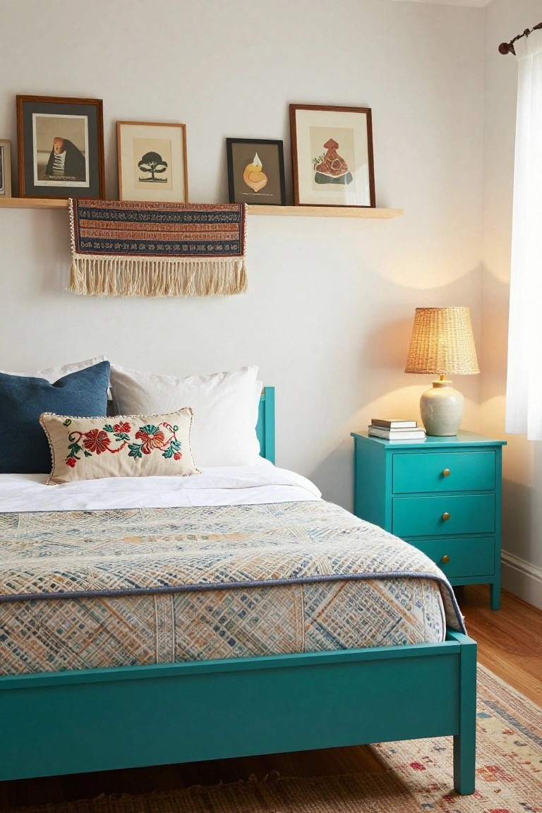 Bedroom interior with teal painted wooden bed frame and matching two-drawer nightstand, white walls displaying eclectic framed artwork and a fringed woven textile on a wooden shelf, rattan lamp on nightstand, patterned quilt on bed, and hardwood floor with oriental rug.