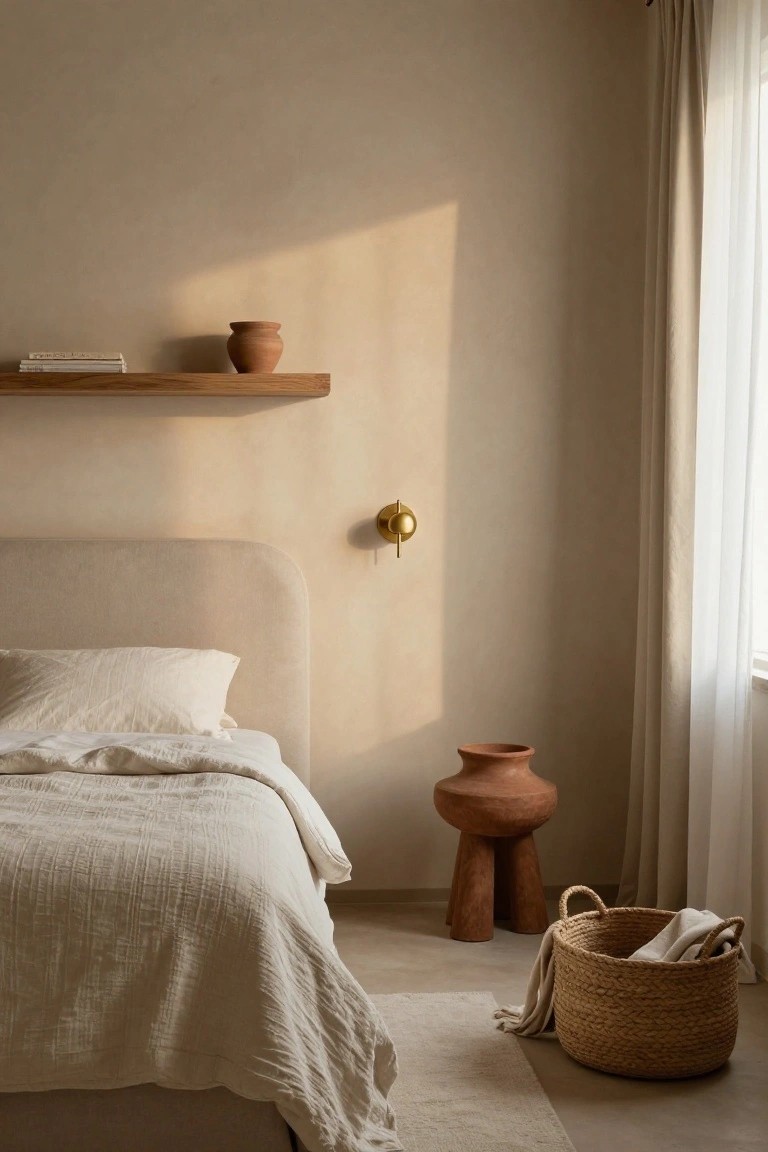 Bedroom with beige plastered walls, white upholstered bed dressed in white linen sheets, wooden floating shelf holding books and small terracotta vase, gold wall sconce, large terracotta stool, woven basket with linens on tiled floor, and white curtains over window.