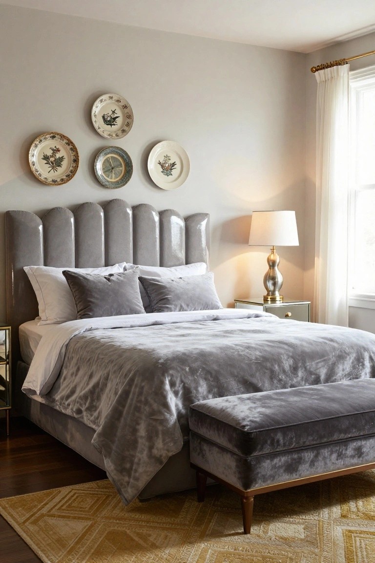 Bedroom interior with a tall gray channel-tufted velvet upholstered headboard, four decorative plates mounted on the wall above the bed, gray velvet bedding and bench, mirrored gold nightstand with lamp, white window curtains, hardwood floor, and geometric yellow rug.