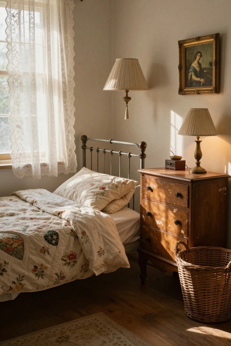 Cozy bedroom interior with a vintage iron bedframe covered in floral quilted bedding and white pillows, beside a wooden dresser holding lamps and a small bowl, lace curtains on a window, and a wicker basket on the wooden floor.