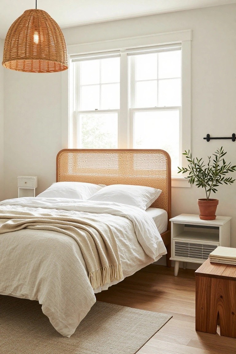 Bedroom with curved rattan headboard, white bedding and pillows, woven pendant light overhead, white nightstand, olive tree in terracotta pot, wooden bench, and hardwood floors.