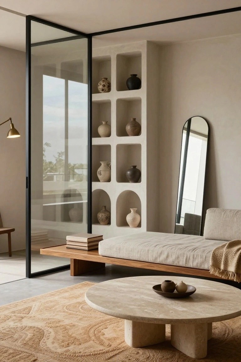 Beige living room with arched niche wall shelving displaying assorted ceramic pots and vases, low wooden daybed with beige cushions and throw, round travertine coffee table on tan patterned rug, full-length black arch mirror, brass wall lamp, and sliding glass door with outdoor view.
